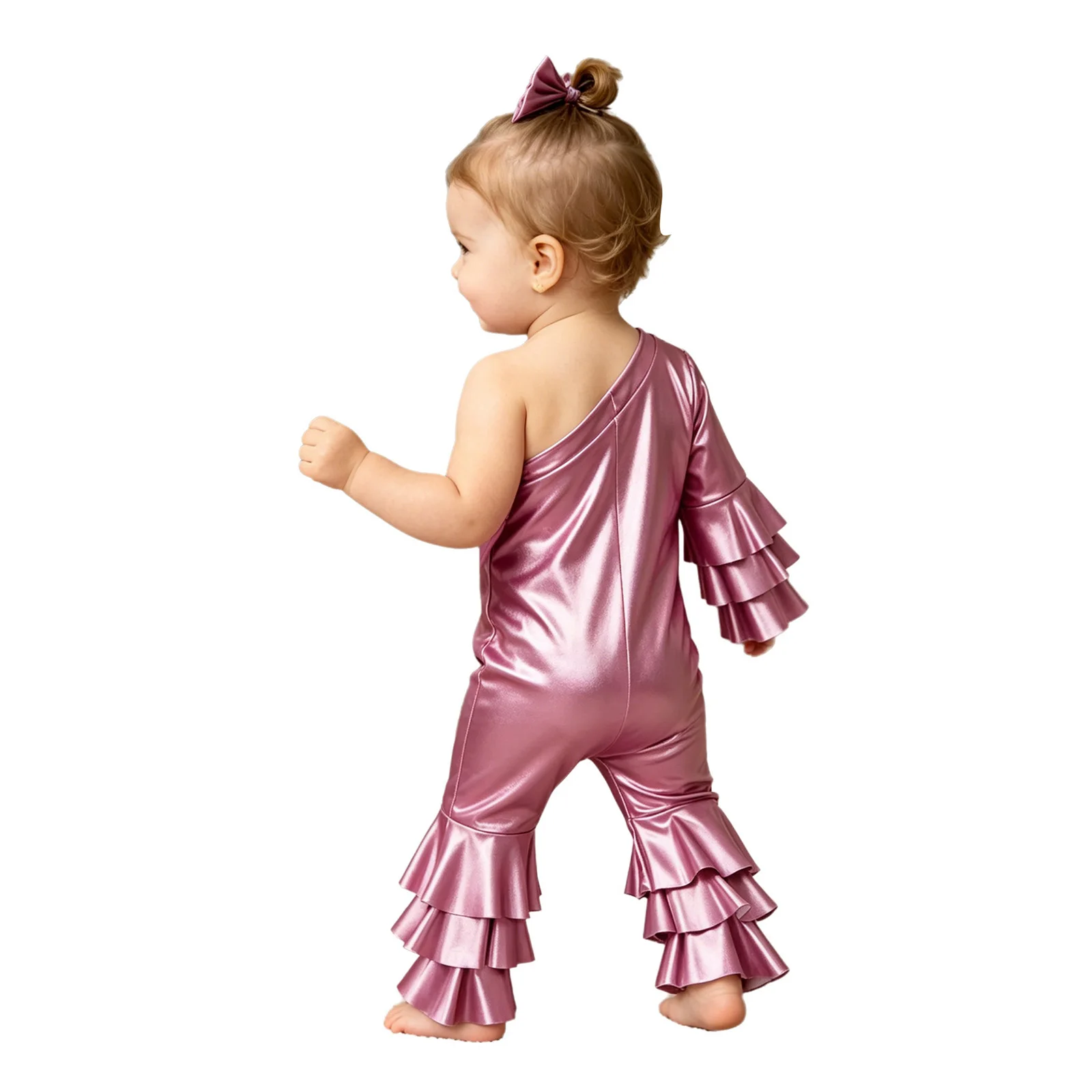 Baby Girls Metallic Rompers One Shoulder Tiered Ruffle Bell-bottom Jumpsuit with Bow Headband for Birthday Party Photo Shoot