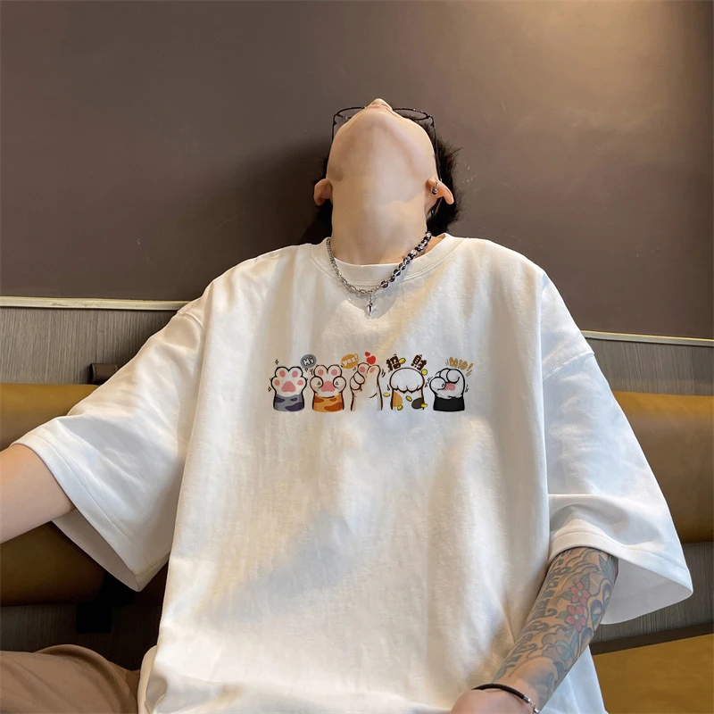

Lucky Cat Tide Brand Creative Short Sleeve T-Shirt Men's and Women's Fun Niche Paws Pure Cotton Loose Half Sleeve Summer