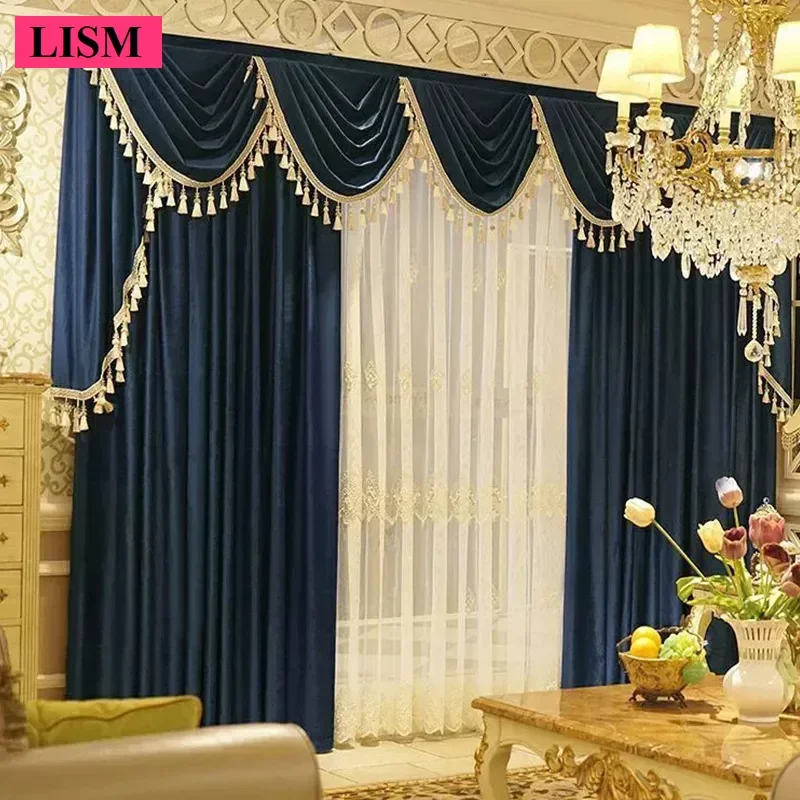 

Simple Solid Color Velvet Curtains for Living Room Bedroom Light Luxury European Luxurious Blackout Cloth Custom BlueValance New