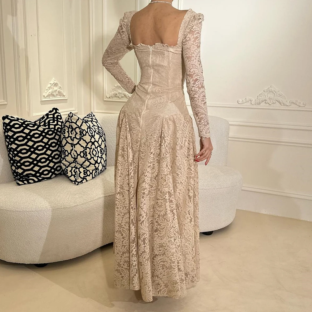 CustomizedExquisite Ankle Length Lace Pleats Evening Dresses Graceful A-Line Sweetheart Long Sleeves Party Gowns فساتين سهره نسا image 2