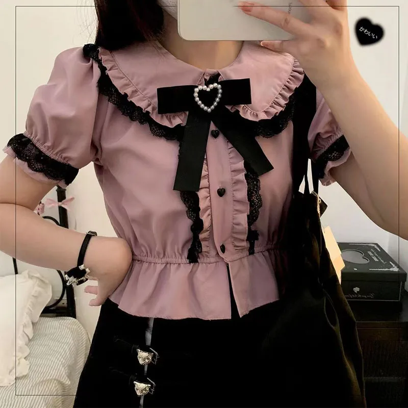 Sweet Lolita Fashion All Match Blouses Vrouwen Japanse Stijl Y 2K Esthetische Ruches Strik Shirts Girly Kawaii Patchwork Tops Blusas