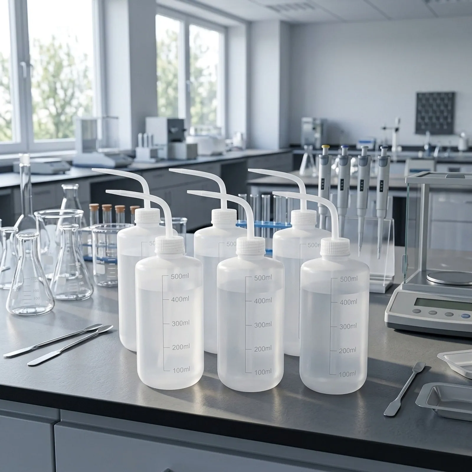 6pcs 500ml Plastic Safety Wash Bottle Set for Laboratory and Plant Watering LDPE Squeeze Bottles with Slanted Neck Tip