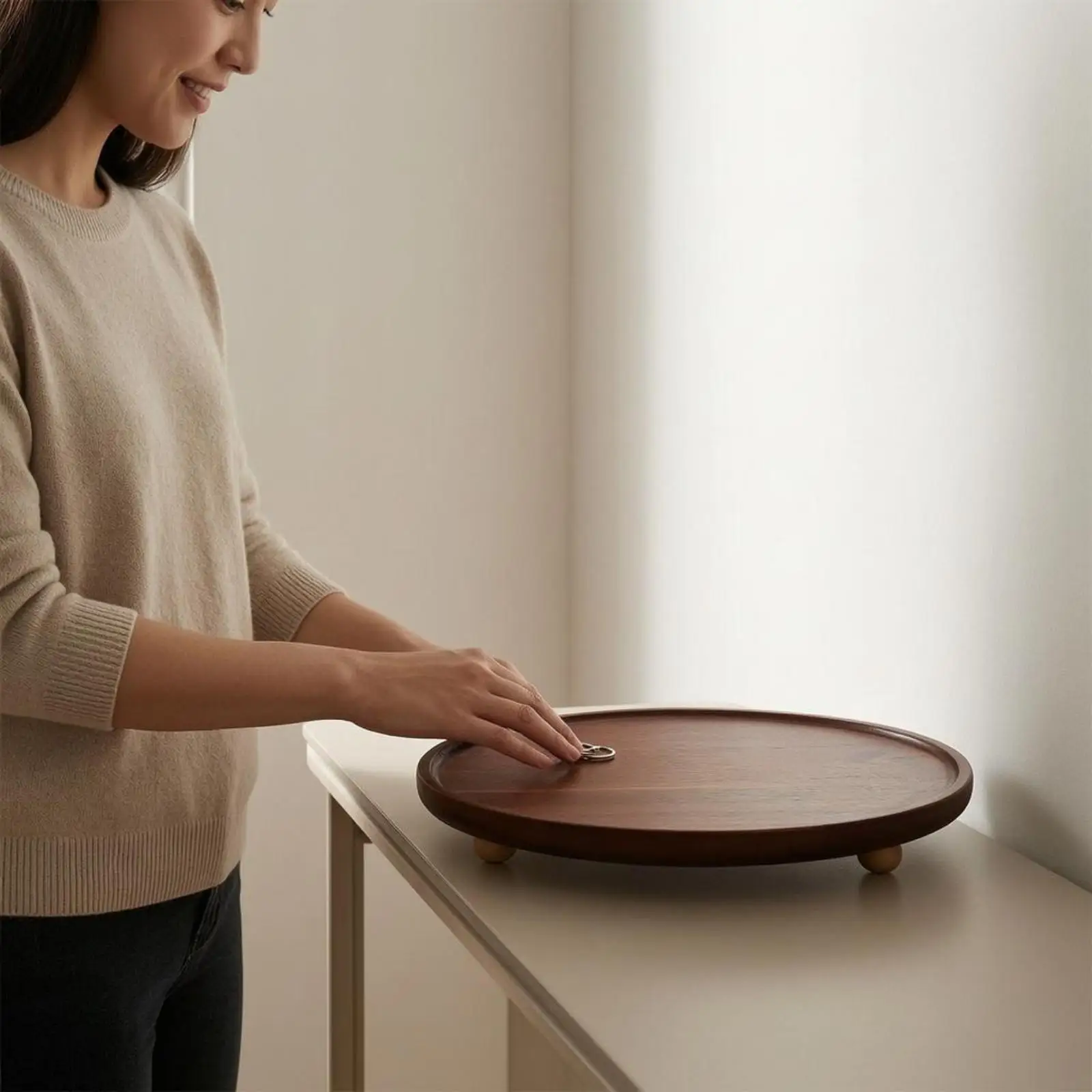 Round Acacia Tray Grain Wooden Serving Tray Polished for Entryway