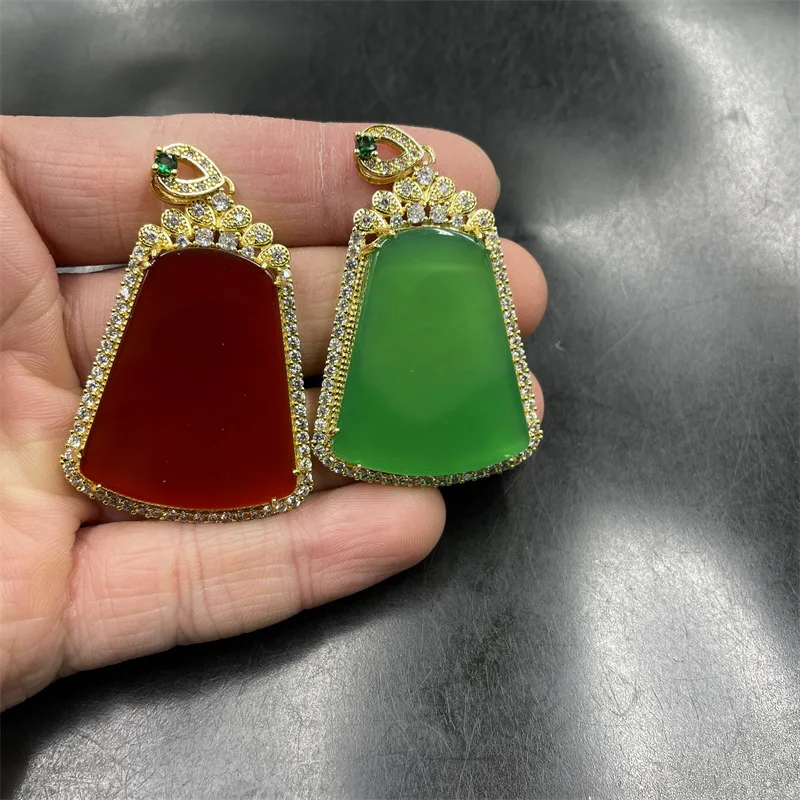 Cheap Jade Inlaid Red Agate Trapezoid Green Chalcedony Tranquility and Peace Plate Pendant Sweater Chain Jade Pendant