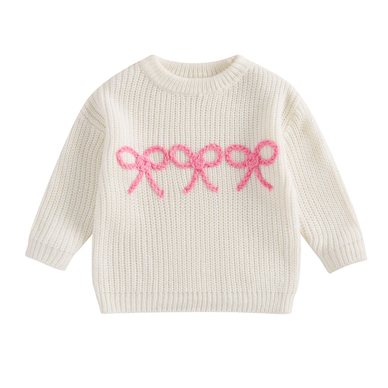 Newborn Girl Sweater Casual Bow Embroidery Warm Knitted Long Sleeves Pullover Infant Knitwear for Toddler