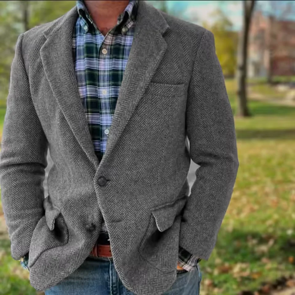 

Mens Herringbone Suit Jacket Single Breasted Notch Lapel Slim Fit Stylish Comfort Breathable Blazer Workwear Formal Office Coat