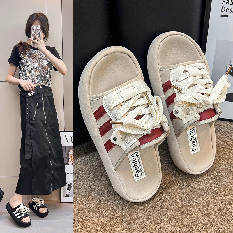 

Fashionable Canvas Slippers Women's Half Slippers Retro Style Slip-On Sandals Outdoor Wear Rubber Non Slip Lace Up Casual Shoes