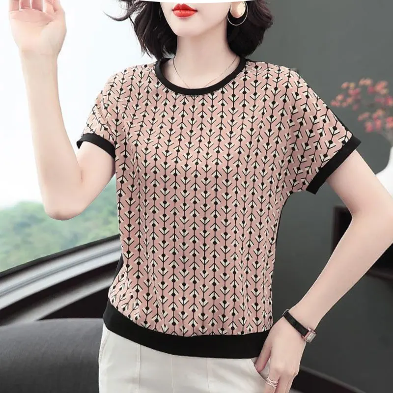 Women's Clothing Korean Printed Patchwork T-shirt Stylish Short Sleeve Round Neck Summer Commute Short Sleeve Loose Pullovers