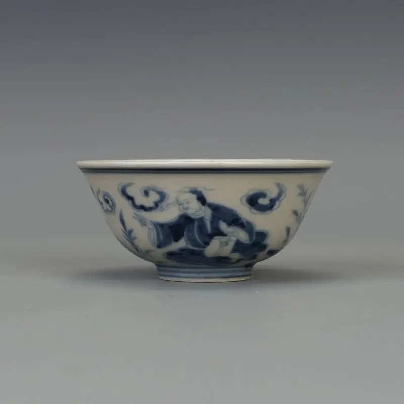 Blue and White Porcelain Tea Bowl Ancient Immortal Ruyi Cloud Figure Pattern Antique Chinese Collectible Decor
