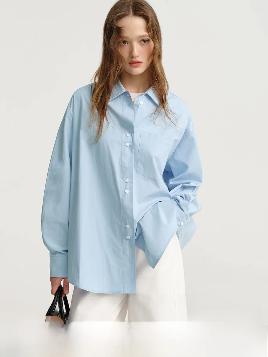 

Женская модная рубашка из чистого хлопка больших размеров, синяя, с длинным рукавом, для ранней осени, как верхняя одежда или внутренний слой