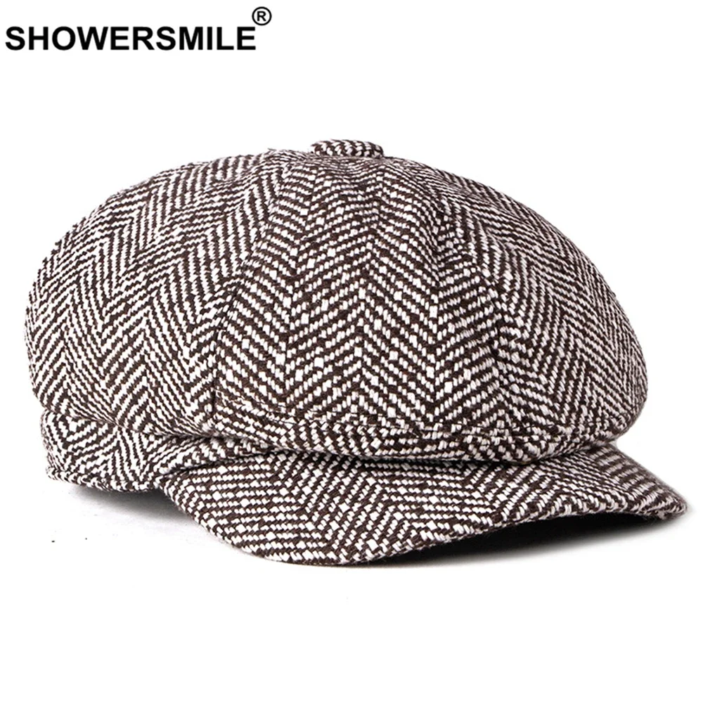 SHOWERSMILE-Casquette gavroche pour hommes et femmes, casquette Ascot en coton, casquette plate unisexe octogonale décontractée, style britannique pointu, noir et blanc