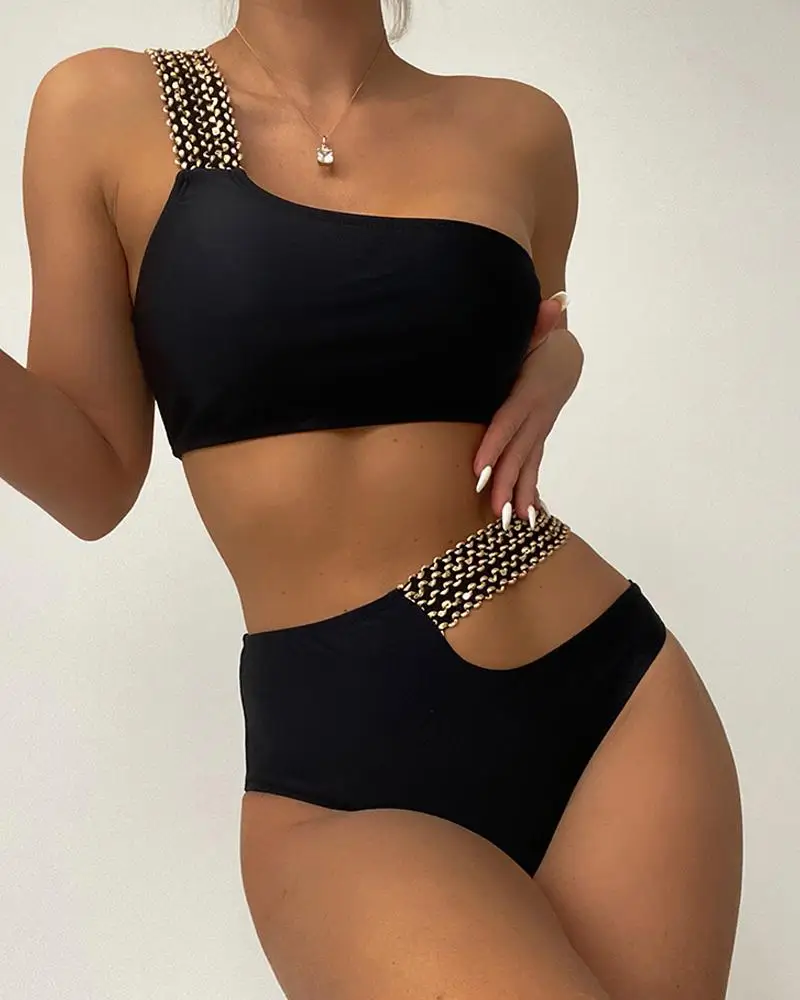 Sexy Single-oulder Two-Piece Swimsuit Bikini Set Faionable Polyester Ensemble for Young Women Aged 8-25 Summer 2023