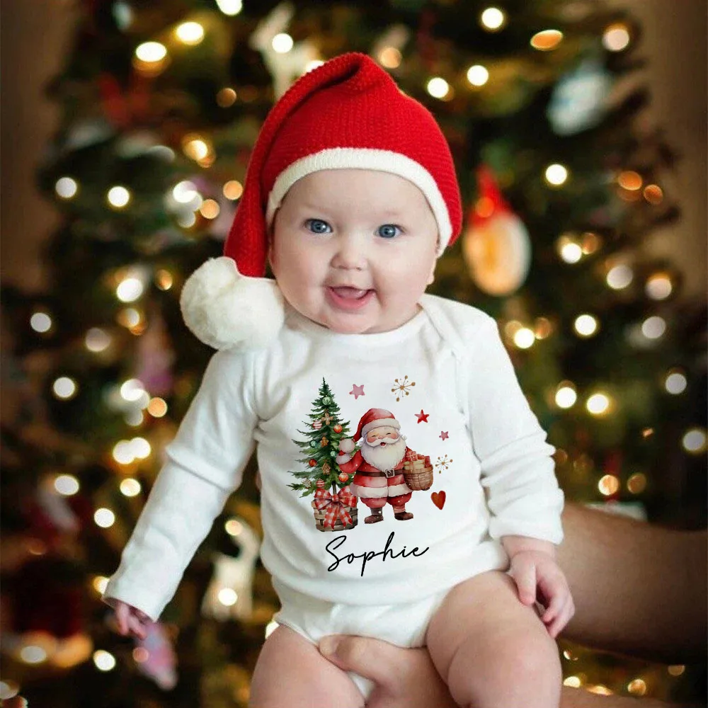 Personalized Santa with Name Baby Bodysuit Christmas Party Newborn Clothes Boys Girls Holiday Bodysuit Infant Long Sleeve Romper