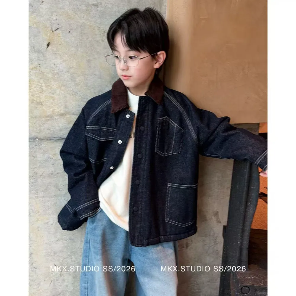 2026 New Boys Quilted Denim Jacket Winter Big Kids Thick Padded Warm Coat Fashion Children Boys Winter Outerwear