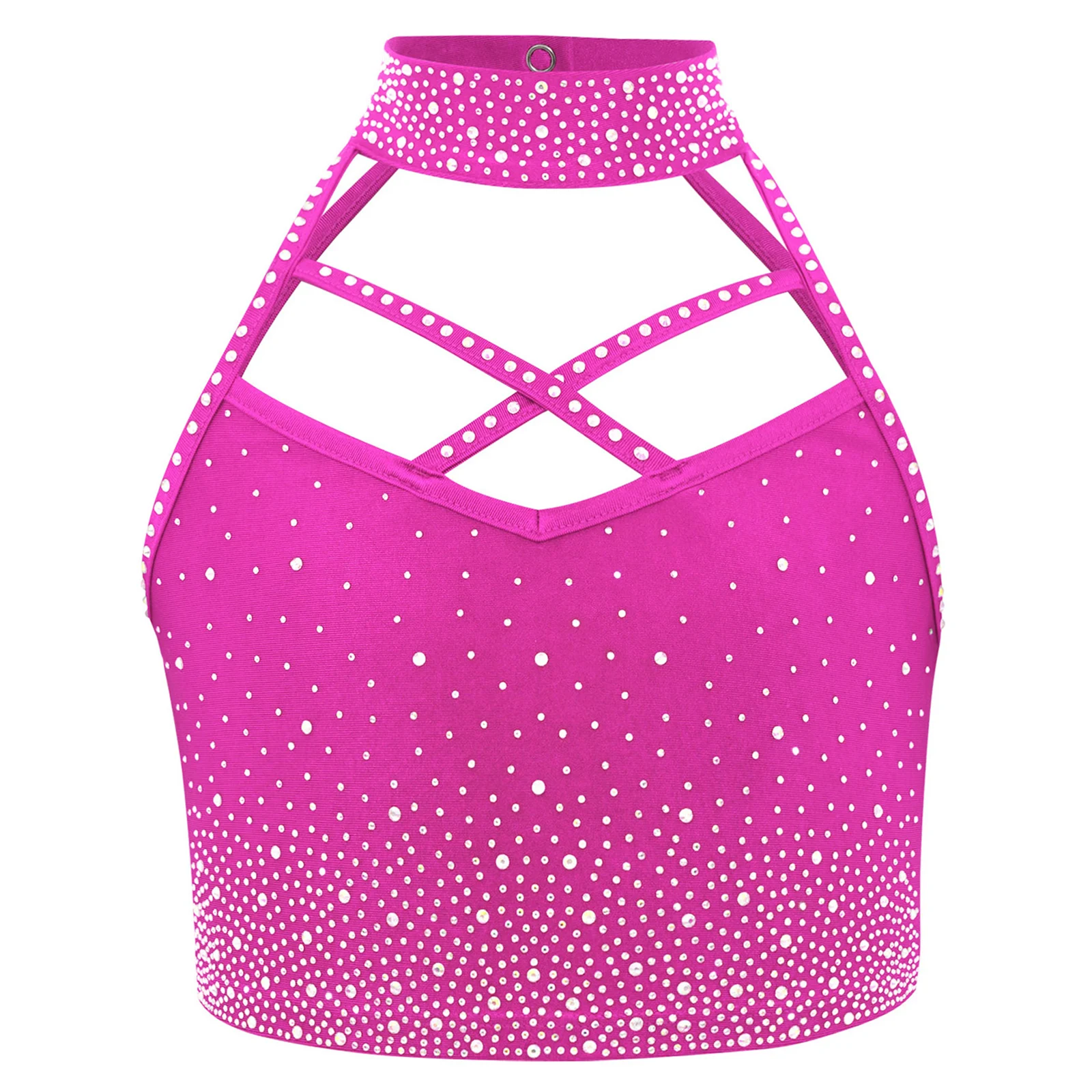 

Детский костюм для катания на коньках, гимнастике, тренажерного зала, танцевального представления, костюм с лямкой на шее, без рукавов, с открытой спиной, блестящий укороченный топ со стразами для сценического шоу