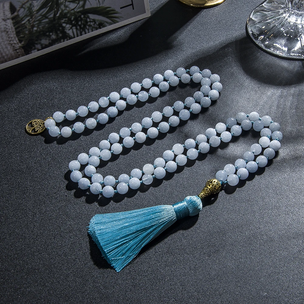 8mm Blue Chalcedony Knotted 108 Beaded Mala Necklace Meditation Yoga Prayer Jewelry Japamala Rosary For Men And Women