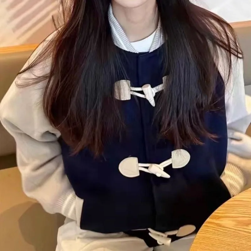 

Preppy Style Contrast Color Patchwork Coat Y2k Aesthetic Women Stand Neck Casual Coats Harajuku Loose Single Breasted Jackets