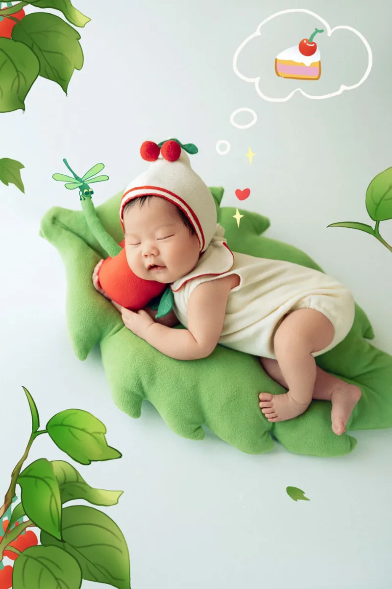 ❤️Newborn Photography Clothing Hat+Jumpsuit+Cherry Tree+Cherry+Leafage 5Pcs/Set Studio Baby Photo Props Clothes Outfits