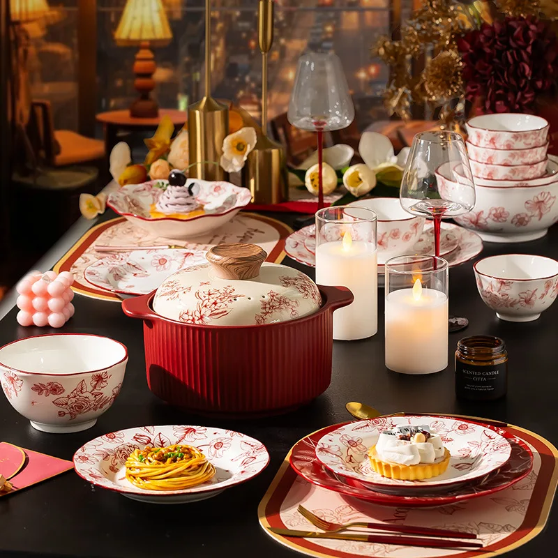 1Set New Luxury Red Rose Ceramic Tableware Household Bowl Spoon Plate Dinner Dinsh Kitchen Cutlery Home Decor