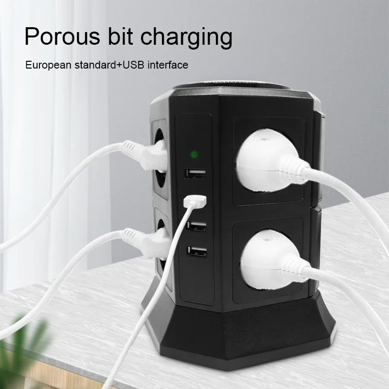 Tower Power Strip Vertical EU Plug 8/12 Way Outlets Sockets with USB Surge Protector 2500W 2m Extension Cord