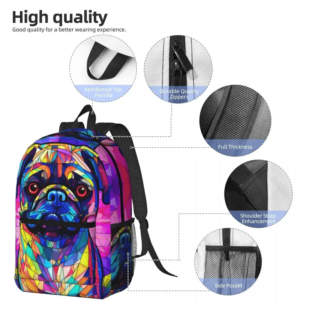 Stained Glass Art Colorful Dog Pug Dog Backpack Boys Girls BookBag Kids School Bag Computer Shoulder Bags for Men Women