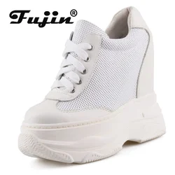 Fujin 14cm prawdziwej skóry zasznurowane mieszkania damskie grube tenisówki moda Hollow letnie wygodne botki buty botki wulkanizowane