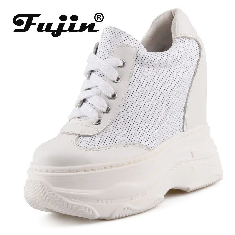 Fujin 14cm Genuine Leather Lace Up Flats Women Chunky Sneaker Fashion Hollow Summer Comfy Booties Shoes Ankle Boots Vulcanize