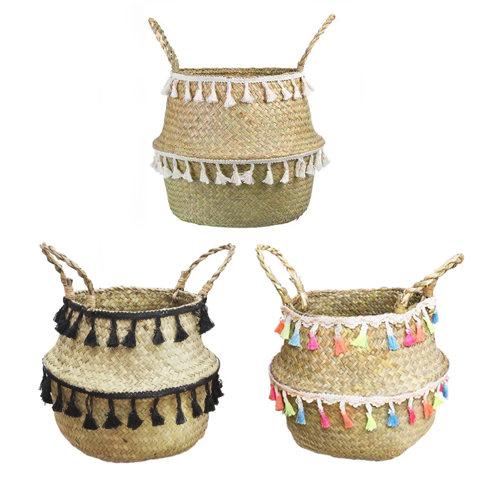 Faltbare handgemachte Gras gewebte Blumen korb Weide Aufbewahrung skorb Boho Rattan Hänge korb Haushalt Spielzeug Wäsche behälter