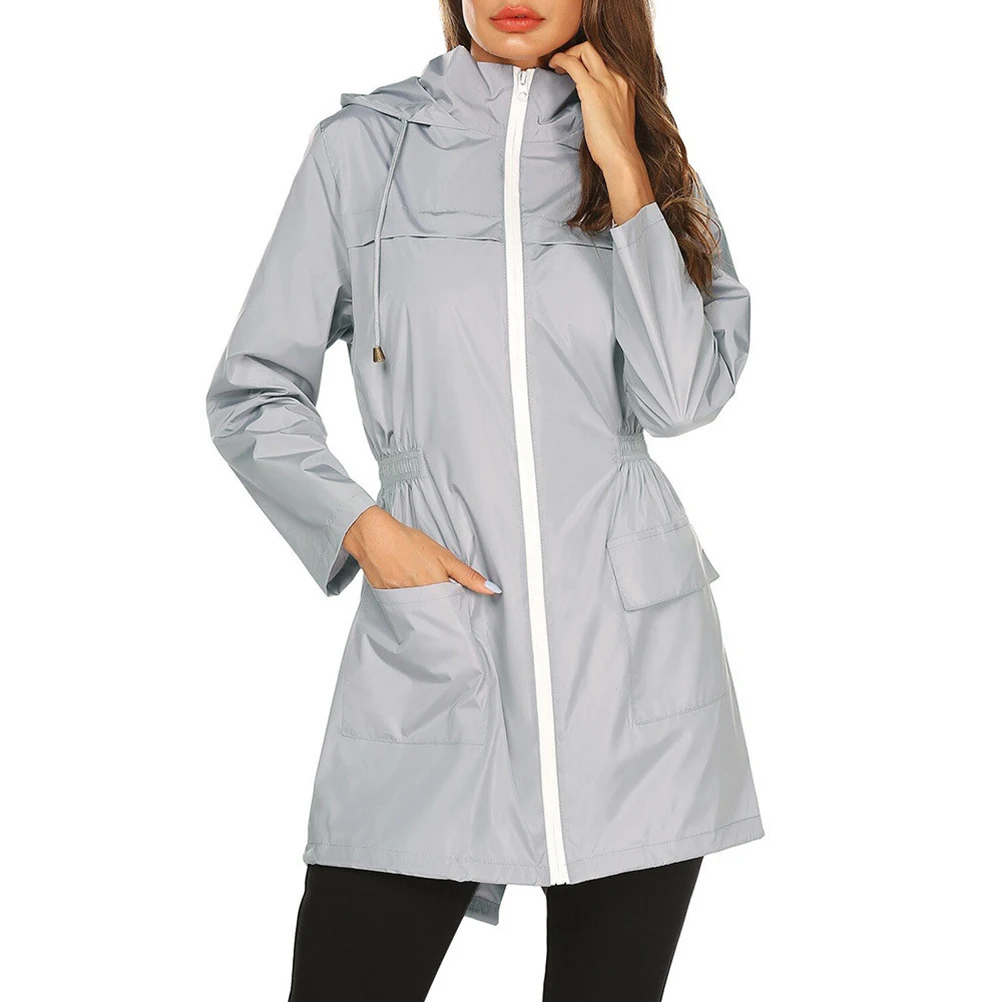 

Ultra Thin Waterproof Raincoat for Women Hooded Windproof Lightweight Active Rainwear with Front Pockets Adjustable Drawstring S