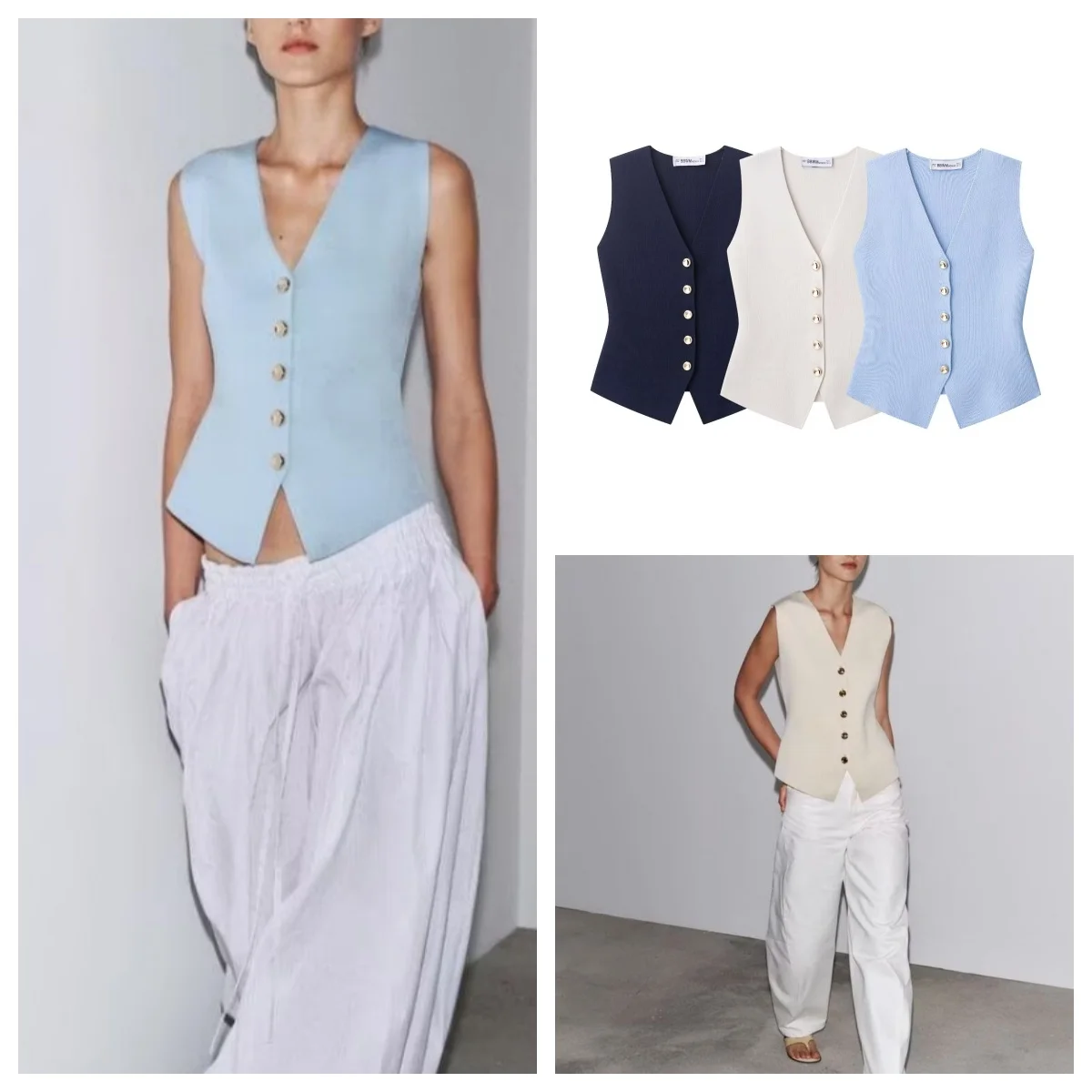 

European and American style new temperament slim V-neck single-breasted sleeveless knitted top