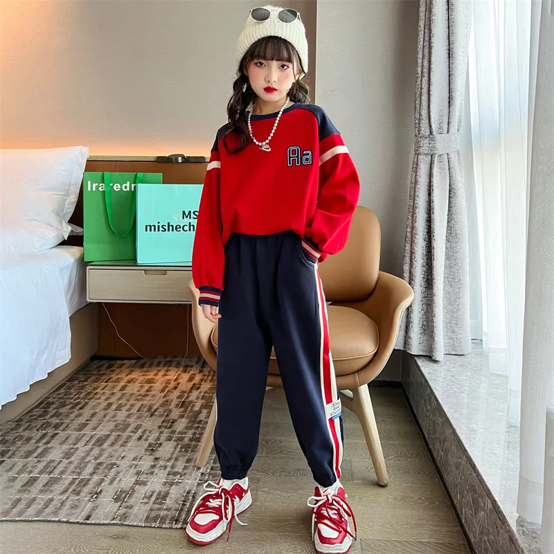 2023 NEW autumn winter Girls Clothes Teenager Tracksuit Long Sleeve sweatshirt t shirt + striped Ankle-tied pants Children set