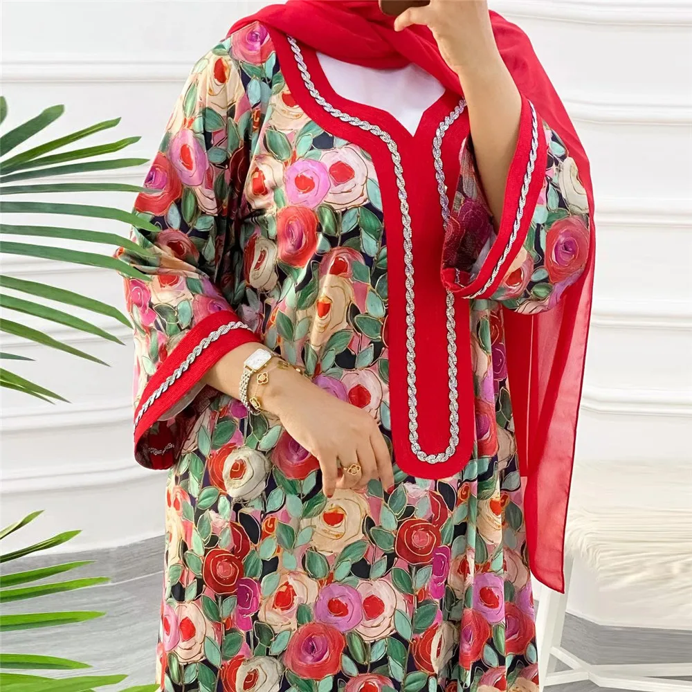 Floral Print Abaya Women Hijab Scarf Maxi Dress Muslim Turkey Dubai Kaftan Arabic Robe Islamic Morocco Party Caftan Eid Ramadan