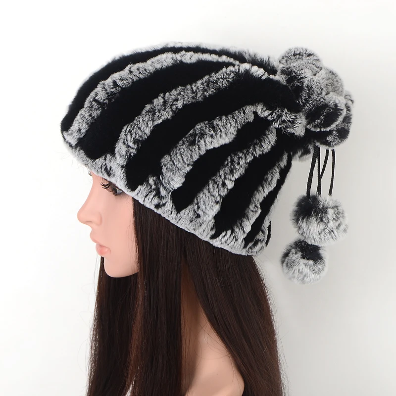 

2022 Winter Knitted Real Rex Rabbit fur Beanie Hat Women In Winter Fashion Warm Ladies hats beanies cap Female Real Fur Scarf