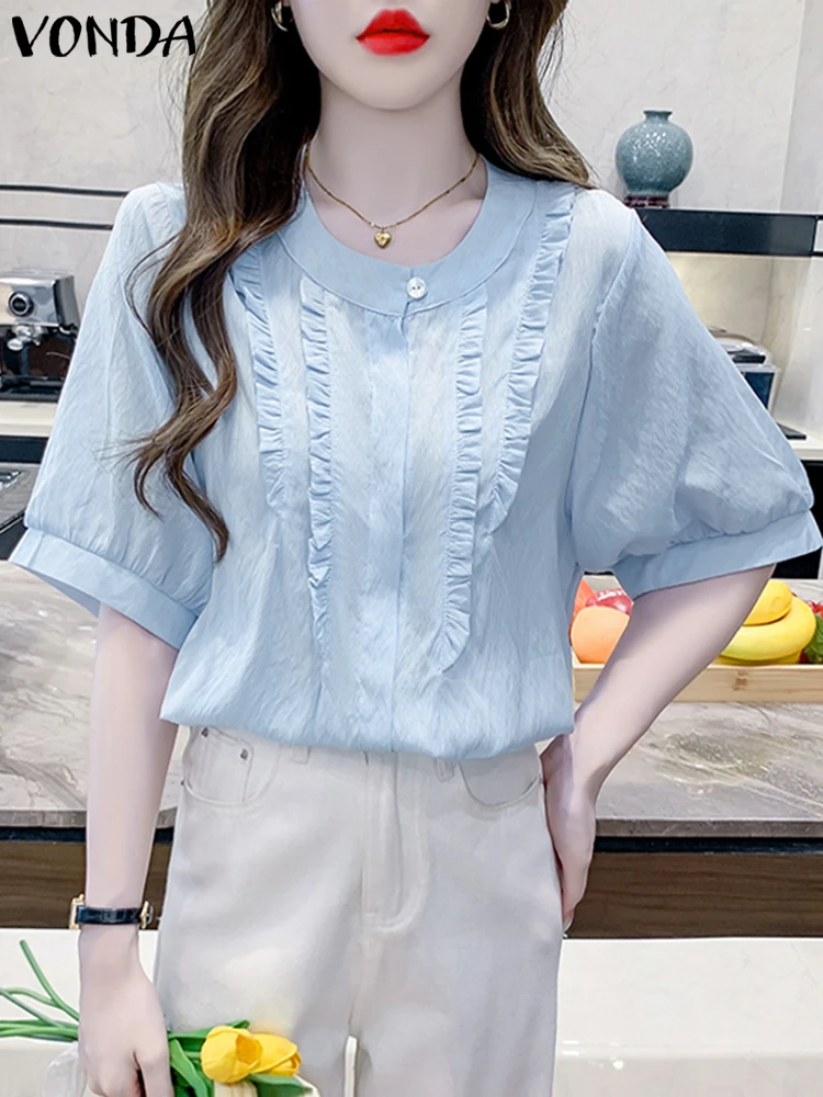 

VONDA Ruffled Blouse Women O Neck Short Sleeve Tops 2025 Fashion Elegant Tunic Casual Loose Tops Solid Color Pullovers Oversize