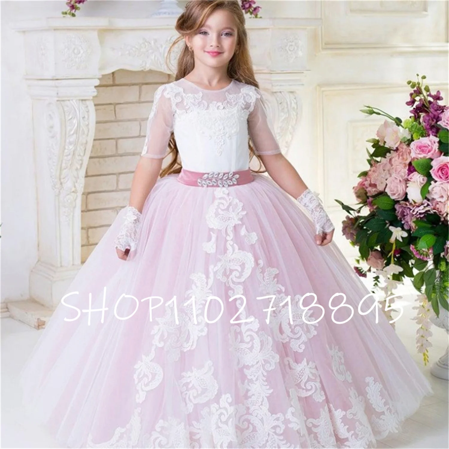 

Luxury Pink Vintage Half Sleeve Lace White Flower Girl Dress Flory Wedding Birthday Party Pageant Princess Gown