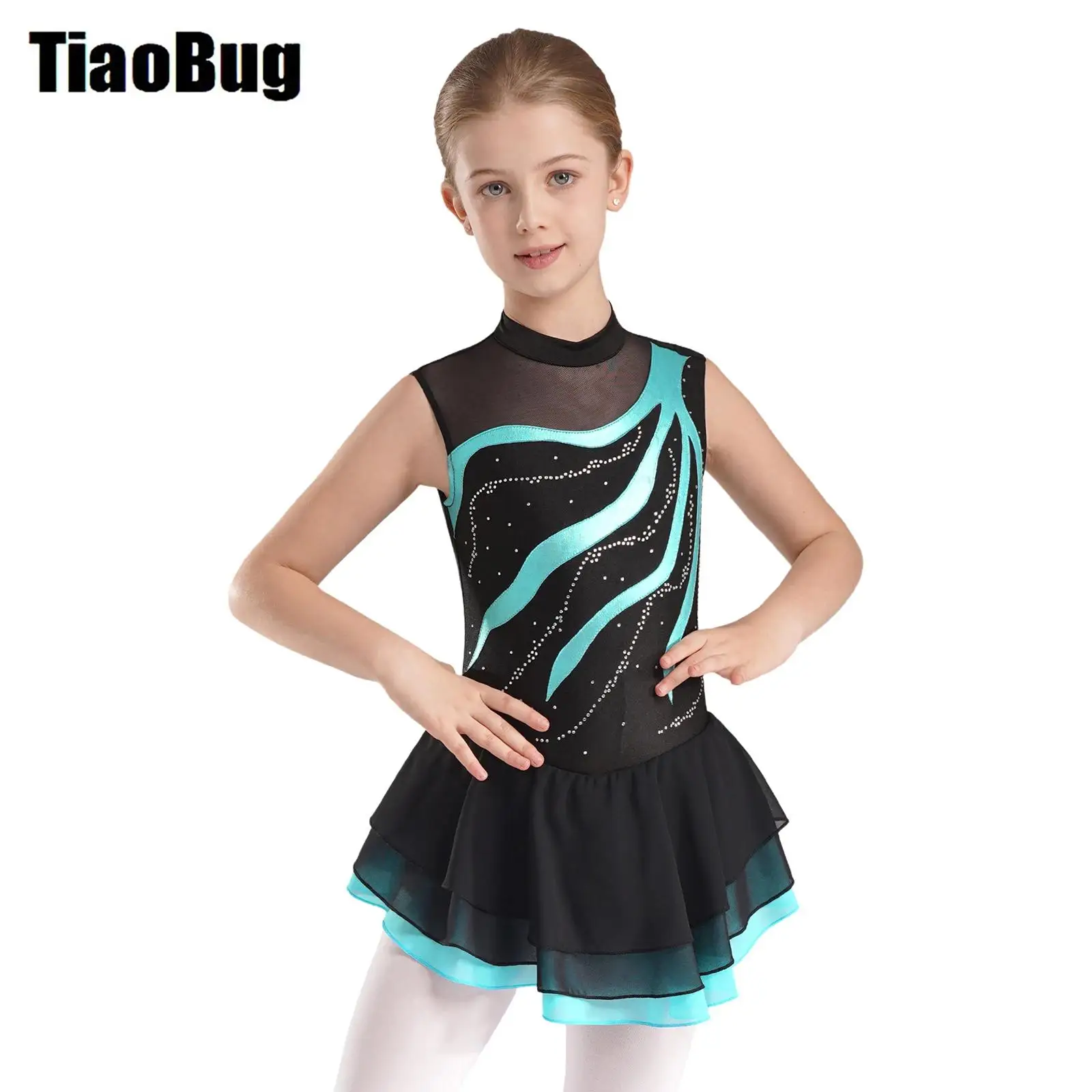 

Kids Girls Ballet Dress Shiny Rhinestones Contrast Color Patchwork Keyhole Back Sleeveless Dress Figure Skating