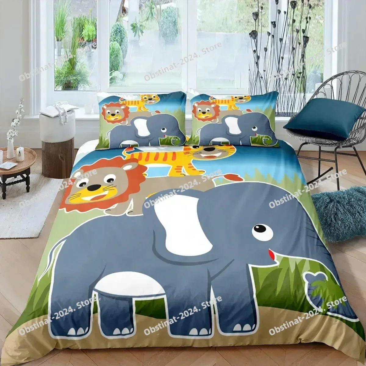 

New 3D Cartoon Animals Duvet Cover King Size Savannah Tropical Forest Jungle Wildlife Bedding Set boys Zoo Polyester Quilt Cover