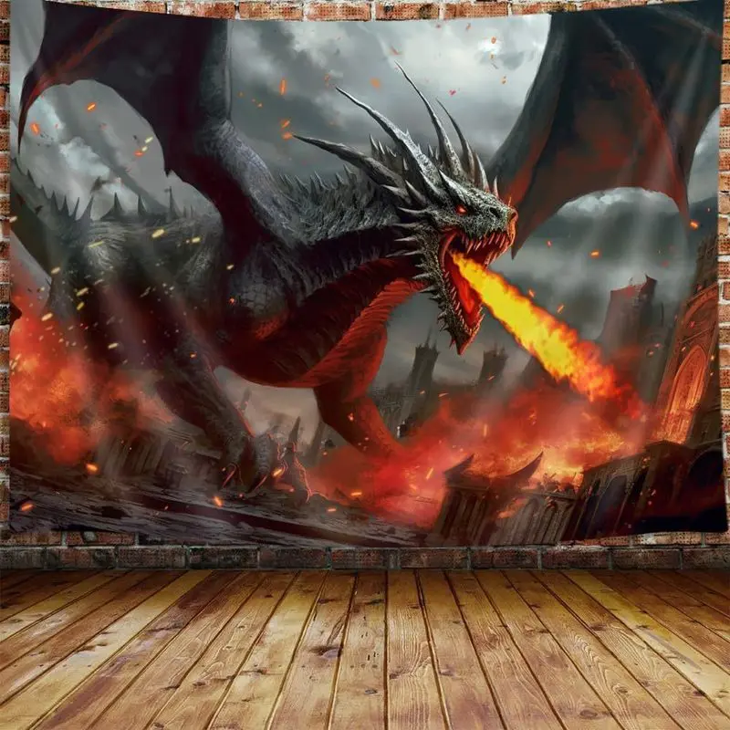 VIKAMA Fantasy Fire Dragon Tapestry, Polyester Gothic Aesthetic Wall Hanging, Bedroom Dorm Room Home Decor, Cool Gift