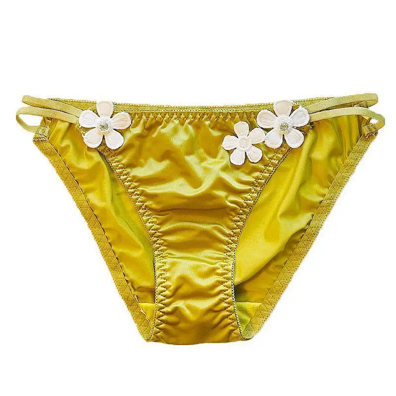 Sexy Thin Belt Women\'s Panties Satin Three-dimensional Flowers Breathable and Comfortable Sweet and Cute Low Underwear Women