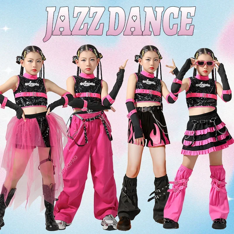 

New Jazz Modern Dance Costume For Girls Hip Hop Dancewear Kpop Outfit Children Cheerleading Clothes Tops Skirt Leg Cover 4-13Y
