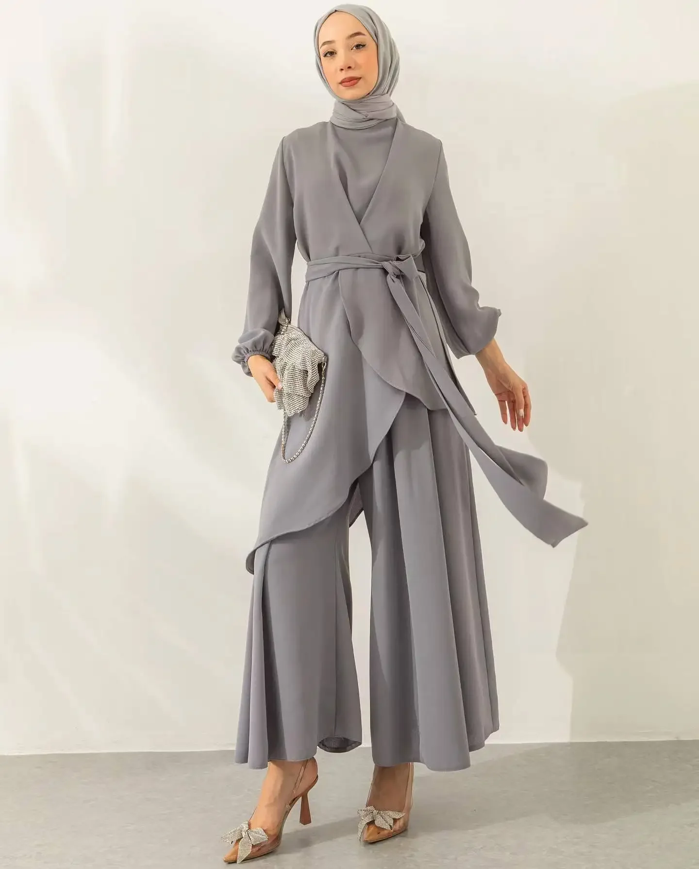 Muslim Two Piece Women Modest Set Top Lace Up Wide Leg Pants Suit Ramadan Morocco Dubai Islam Casual Ensemble Arabic Outfits