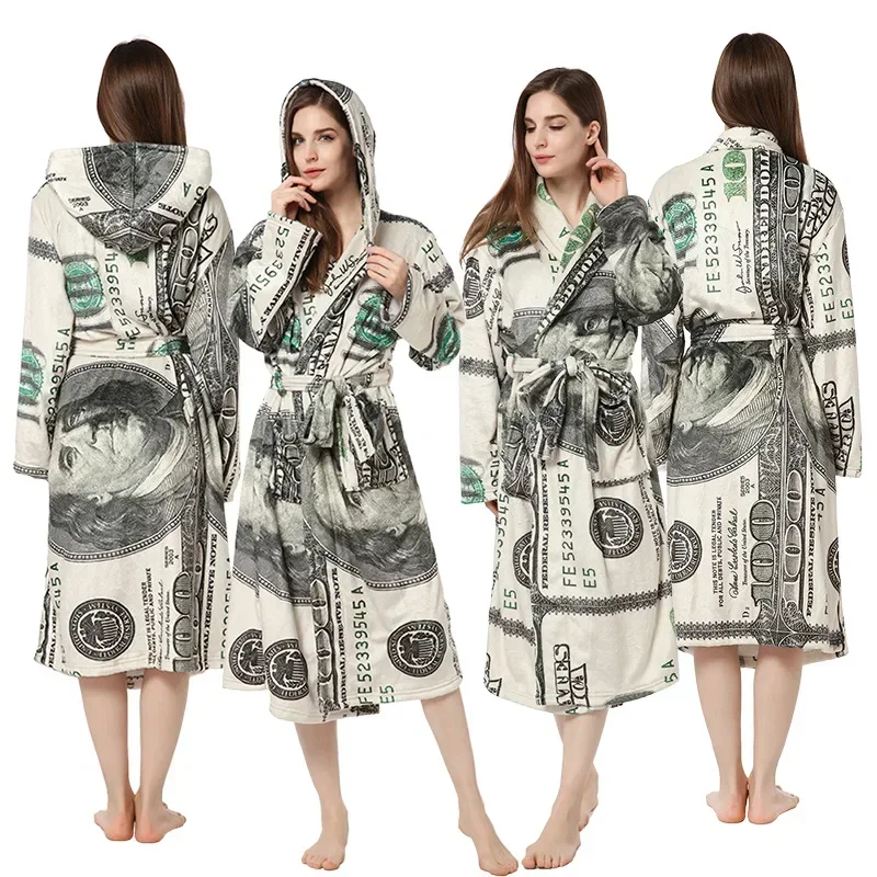 New Winter Nightgown US Dollar Printing Men\'s and Women\'s Home Wear Flannel Thickened Warmth Personality Pajamas Plus Size 2XL