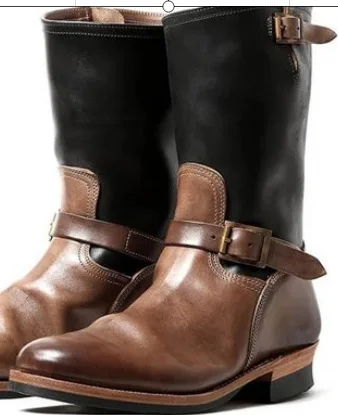 Retro Outdoor Western Cowboy Stiefel Mittelhoch Rund Mittelalterliche Motorradstiefel für Herren Trendige PU-Leder Schnallenstiefel – Detail 7