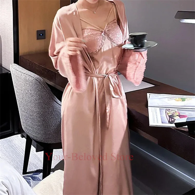 Lady Sexy Lace Trim Bathrobe Long Sleepshirt Palace Style Robe Set Vintage Ice Silk 2Pcs Sling Nightgown Home Dressing Gown