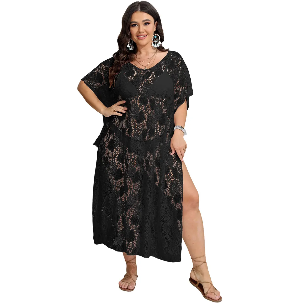 Plus Size Oversize Women Sexy See-through Lace Long Beach Cover-up Dress High Split Side Lace-up Beachwear White Black