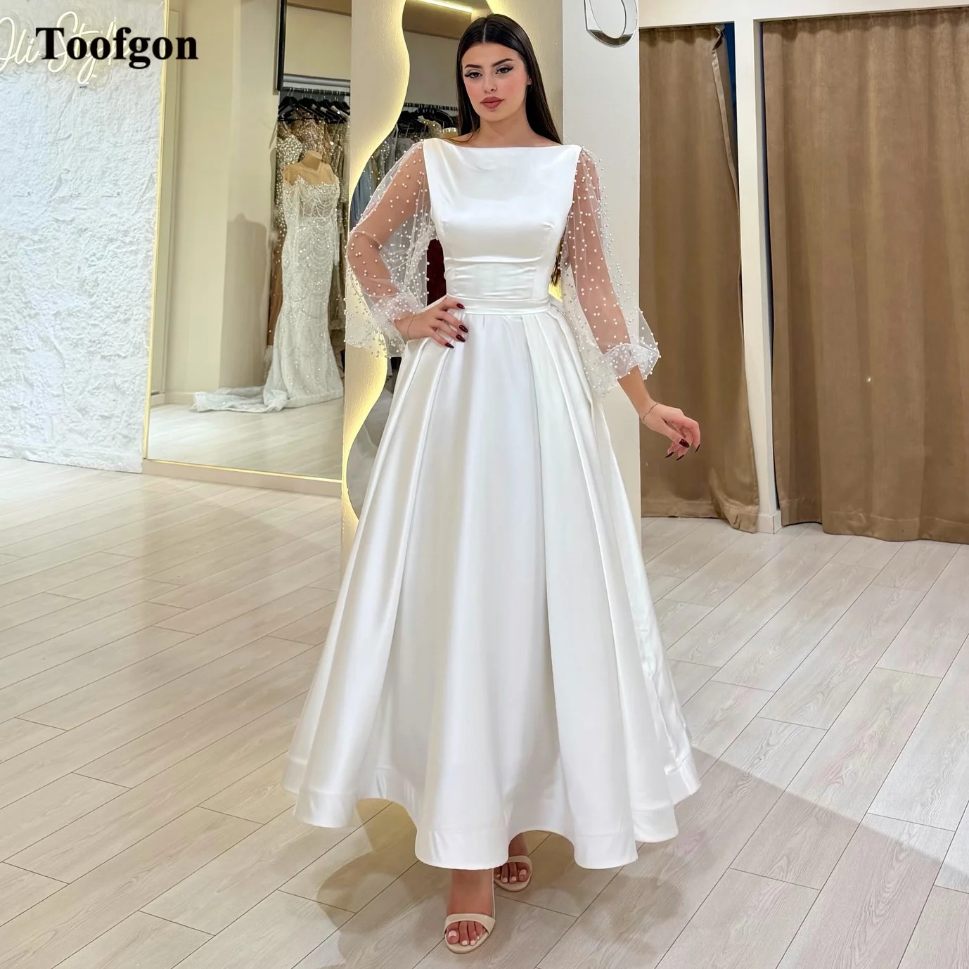 

Toofgon A Line Satin Midi Bride Wedding Dresses Customized Pearls Long Sleeves Bridal Dress Bow Women Formal Party Prom Gowns