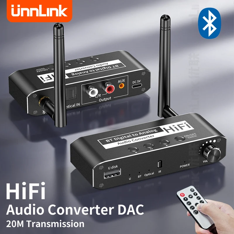 

Unnlink HiFi Audio DAC Converter Adapter Bluetooth Digital to Analog SPDIF Optical Coaxial Toslink 3.5mm AUX Jack RCA Amplifier