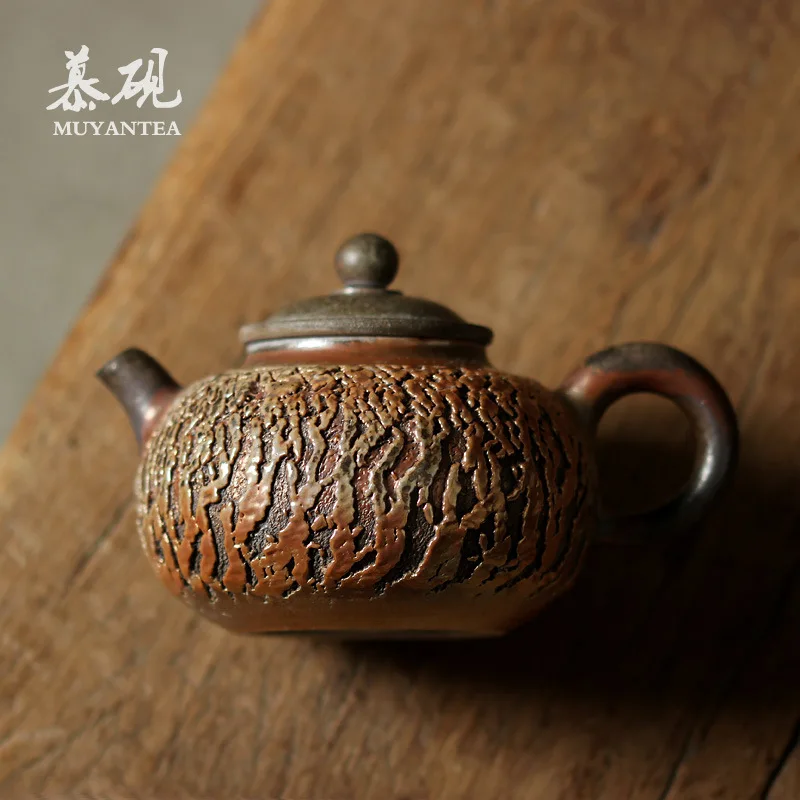 Mu Tao Large Crackle-Glazed Teapot And Cup With Natural Ash Finish, Japanese Un-Glazed Wood-Fired Kung Fu Tea Set