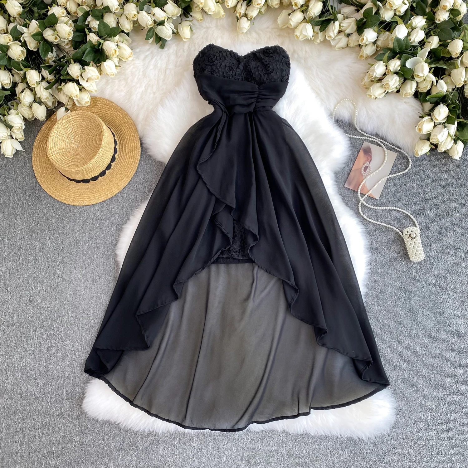 Chic Floral Mesh Patchwork Tube Top Dress Sexy Off Shoulder Elegant Evening Party Women Fashion Vintage Ceremonial Dresses