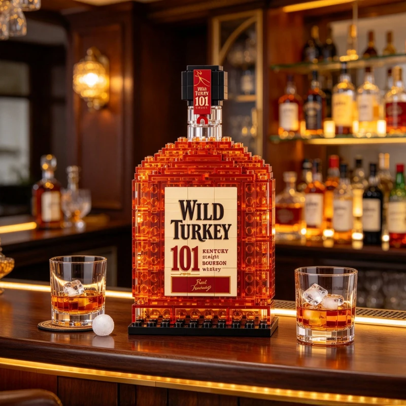 Wild Turkey 101 Bourbon Whiskey Bottle MOC Building Blocks Model, DIY Assemble Bricks Ornament Home Bar Table Decor Collectible